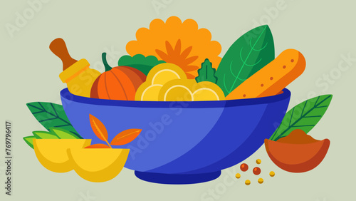  A bowl of colorful es including turmeric ginger and cinnamon commonly used in traditional medicine for their antiinflammatory and healing