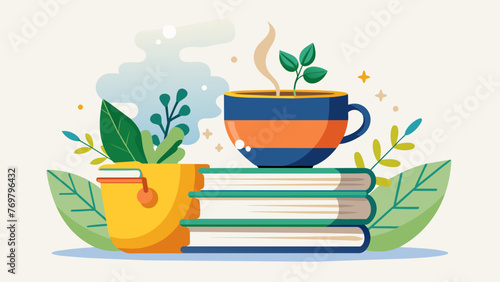  A cup of steaming herbal tea a symbol of comfort and healing sits next to a stack of worn books embodying the balance of traditional knowledge