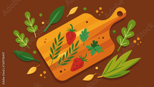  The vibrant colors and textures of various herbs carefully laid out on a rustic wooden chopping board bring to mind the artistic craftsmanship
