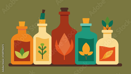  A collection of glass bottles each containing a different herbal tincture. These potent liquid extracts are created by steeping herbs in alcohol