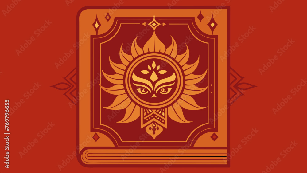 A detailed shot of a wellworn book cover adorned with traditional Indian designs and motifs featuring the title of an ancient Ayurvedic A detailed shot of a wellworn book cover adorned with traditional Indian designs and motifs featuring the title of an ancient Ayurvedic