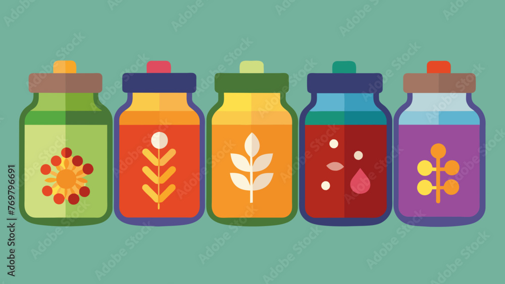  A series of colorful jars filled with different types of herbal remedies each carefully labeled with its specific use and dosage for Ayurvedic - obrazy, fototapety, plakaty 