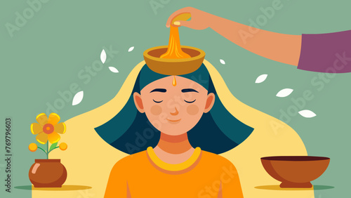  A persons hands gracefully pouring warm oil on their forehead in a soothing Ayurvedic technique known as Shirodhara believed to calm the mind
