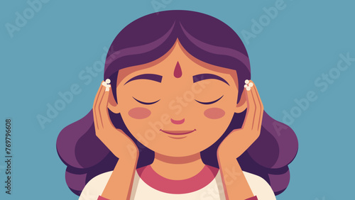  A closeup of a persons face eyes closed and relaxed with a faint smile while gently pressing their thumbs against their temples in a calming