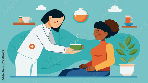  A soothing herbal tea being served to a patient after their acupuncture session with a label describing its healing effects on the body.