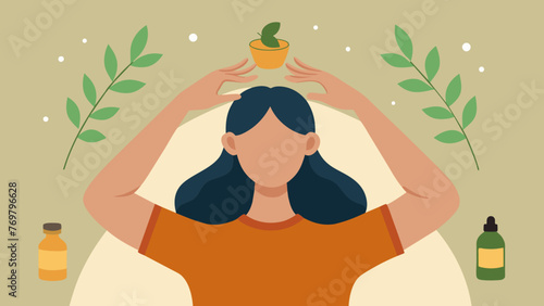  A persons hands massaging essential oils on their scalp a common practice in Ayurvedic hair care to promote hair growth and nourishment.