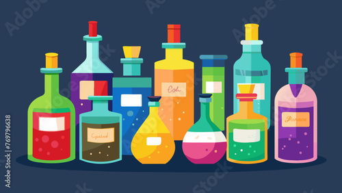  An assortment of glass bottles filled with colorful liquids each labeled with a handwritten ingredient list.