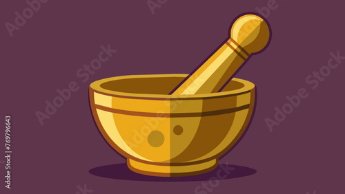  A closeup of a brass mortar and pestle used for grinding and blending various herbs and substances as described in Ayurvedic texts.