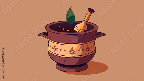  A detailed shot of a copper vessel filled with a dark herbal concoction along with a handwritten label naming its Ayurvedic purpose.