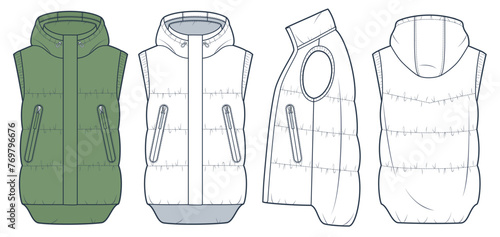Puffer Vest technical fashion Illustration. Hooded down Vest, Waistcoat fashion technical drawing template, pockets, front, side and back view, white, green, women, men, unisex Jacket CAD mockup set.