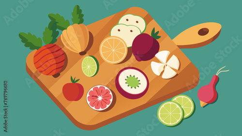  A wooden ting board with various root vegetables and fruits all being sliced into small pieces for the medicine mixture.