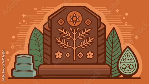  A macro photograph of a small intricately carved stone tablet featuring ancient Ayurvedic medicinal formulas and remedies.