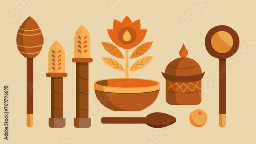  A set of handcarved wooden tools used in Ayurvedic marma therapy designed to stimulate specific energy points on the body for healing and
