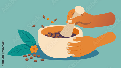 A pair of delicate hands carefully arranging various nuts and seeds into a mortar and pestle preparing to grind them into rich oils for