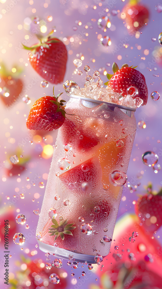 Fototapeta premium Strawberries are sinking into a can of pink soda, creating a vibrant contrast against the purple background. The fluid movement of the fruit in the liquid creates a visually stunning artwork