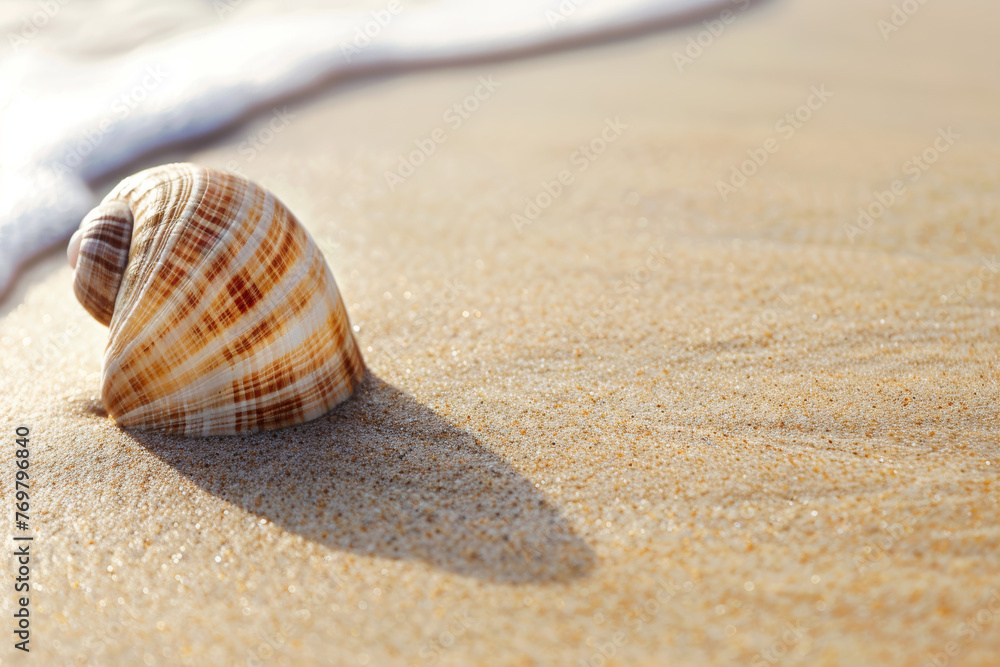 Striped seashell on sandy beach with soft blue ocean background Striped seashell on sandy beach with soft blue ocean background