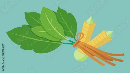  A bundle of fresh detoxifying herbs such as neem and ginger ready to be brewed into a traditional Ayurvedic detox tea.