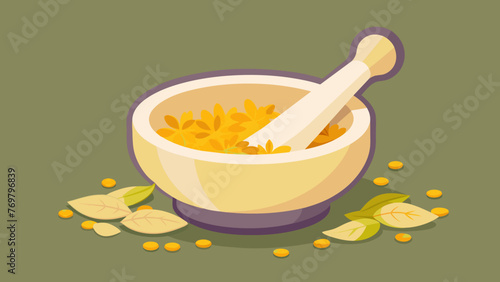  A mortar and pestle filled with crushed chrysanthemum petals commonly used in herbal teas to treat headaches and fever in Chinese medicine.
