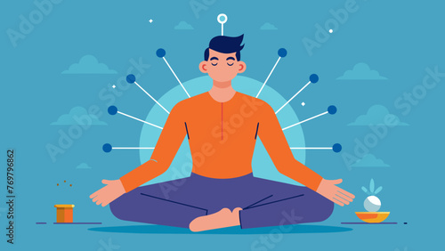  A man sitting crosslegged in meditation surrounded by various types of acupuncture needles.