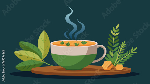  A steaming cup of tea made from a blend of healing herbs and plants resting on a wooden table.