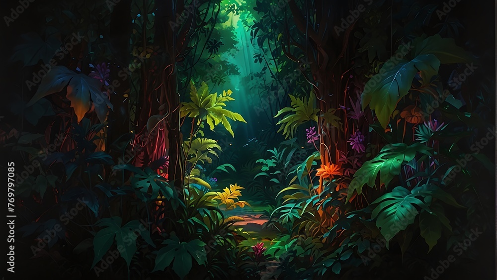 Naklejka premium Nighttime Tropical Jungle with Vibrant Greenery and Diverse Tree Species