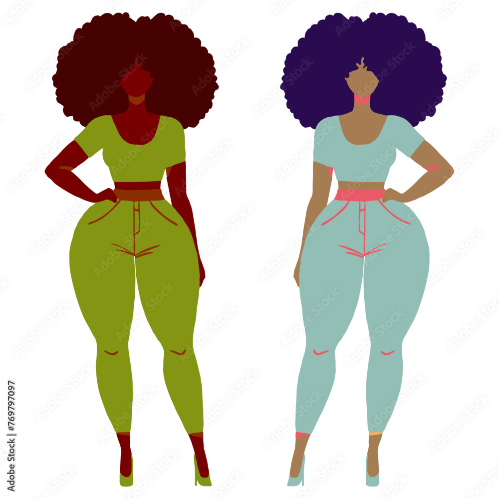 Vibrant Fashion Duo: Stylized Female Figures with Colorful Outfits and Voluminous Hair, women, vector, illustration, character, beauty, model, girls, people, hair, clothes, posing, style Vibrant Fashion Duo: Stylized Female Figures with Colorful Outfits and Voluminous Hair, women, vector, illustration, character, beauty, model, girls, people, hair, clothes, posing, style