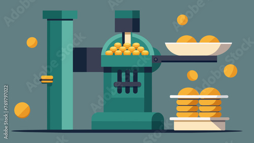 A closeup of a pill press machine pressing a large batch of tiny golden pills each featuring a different herbal blend.