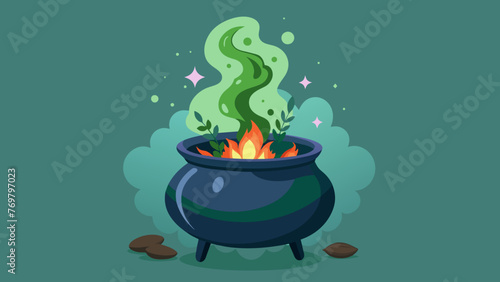  A cauldron bubbling over a fire filled with a dark liquid and swirling vapor as fresh herbs are added in precise amounts.