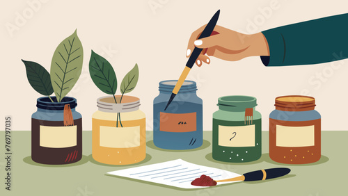  A calligraphers brush gently applying handwritten labels to jars of finished herbal concoctions adding a touch of elegance to the final product.