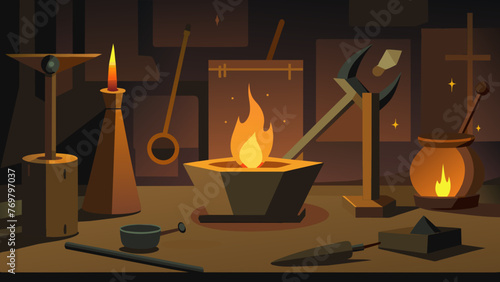  A set of ancientlooking metal tools used for extracting oils from plant matter lit by the warm glow of a candle in a dimly lit room.
