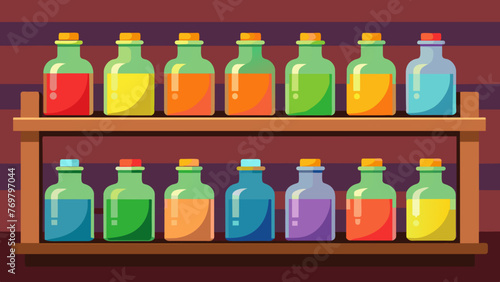  A series of colorful glass jars each filled with a different herbal tincture lined up neatly on a wooden shelf.