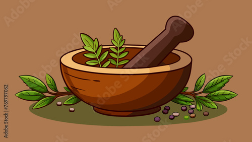  A mortar and pestle made of dark wood filled with various herbs and es being diligently ground and mixed together.