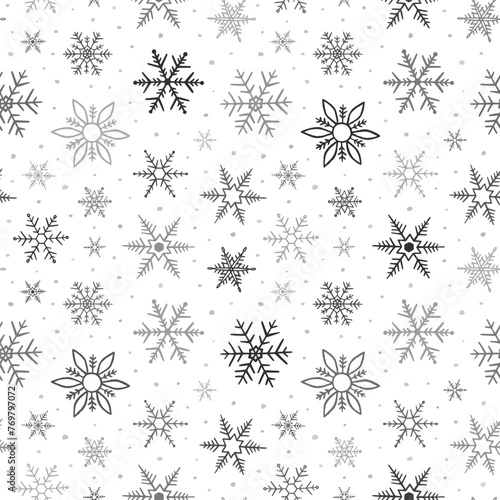 Snowflake seamless pattern. Repeating snowflakes patern. Hand draw winter design for prints. Repeated black frozen snow isolated on white background. Doodle crystal. Sketchy star. Vector illustration