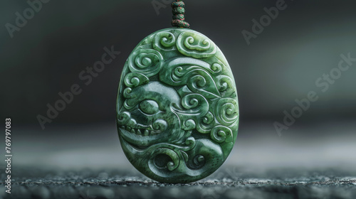 Detailed view of an oval-shaped Maori greenstone pendant with traditional tribal patterns carved on its surface