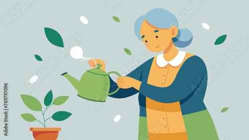  An elderly woman pouring a cup of herbal tea from a traditional teapot with a small bunch of leaves floating on the surface.