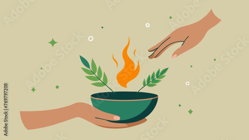  A shamans hand reaches for a bowl of burning herbs releasing a calming and grounding aroma into the air.