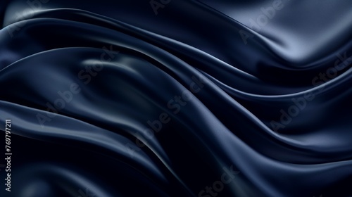 Silk satin fabric. Navy blue color. Abstract dark elegant background with space for design. Soft wavy folds. Drapery. Gradient. Light lines. Shiny. Shimmer. Glow.Template - generative ai