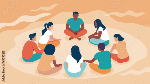  A group of people sit in a circle on a sandy beach their feet buried in the warm sand. They take turns speaking sharing their struggles and