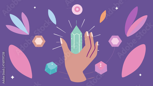  An array of crystals including ayst clear quartz and fluorite are carefully arranged in a circle around a shamans hand. Each crystal corresponds