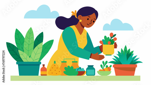  In a colorful outdoor market a woman carefully selects various plants and herbs from different vendors. She smiles and nods to the others in her