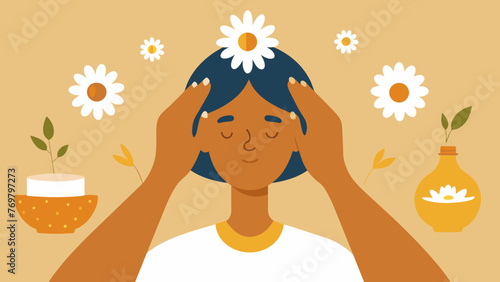  A persons hands softly massage a mixture of frankincense and chamomile oils onto their temples promoting relaxation and soothing headaches.