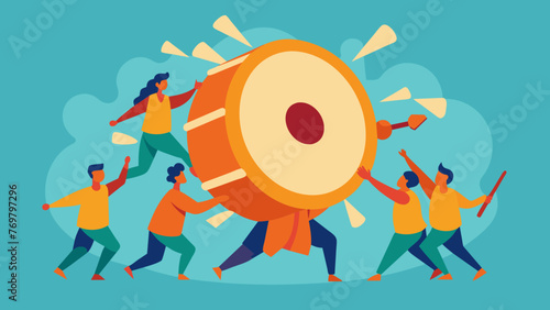  A large ornate drum is passed around a circle of people as they each take turns playing it. The deep rhythmic beats fill the air as they chant