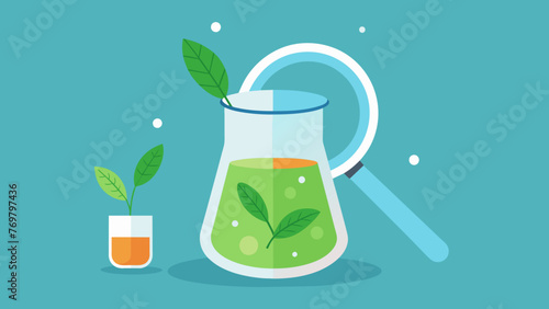  A beaker of water with floating herbs sits under a magnifying glass highlighting the scientific process of extracting essential oils for use in
