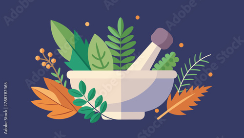 A mortar and pestle filled with dried herbs representing the combination of ancient traditional medicine and modern aromatherapy practices.