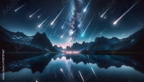 A meteor shower lighting up the night sky above a peaceful mountain lake.
