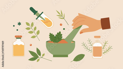  A hand blending herbs and oils together emphasizing the importance of proper proportions and combinations for effective herbal aromatherapy.