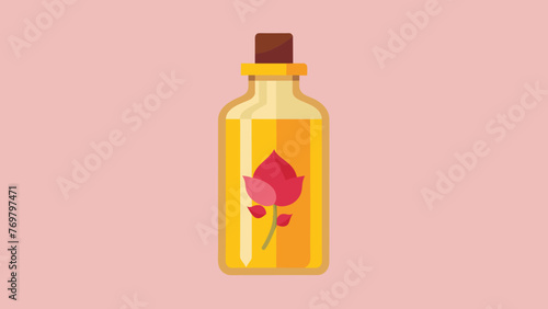  In a small glass bottle a rich golden oil is infused with fragrant rose petals used for its calming and rejuvenating properties in aromatherapy.