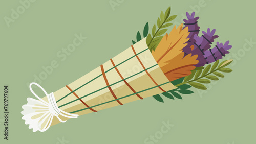  A bundle of dried herbs and flowers tied together with twine and used as a smudging tool to cleanse the cups before use.