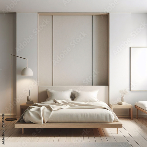 Pared marrón beige en blanco en un dormitorio moderno y lujoso a la luz del sol desde las persianas, cama de madera, manta gris, almohada, mesita de noche en el suelo de parquet para decoración.