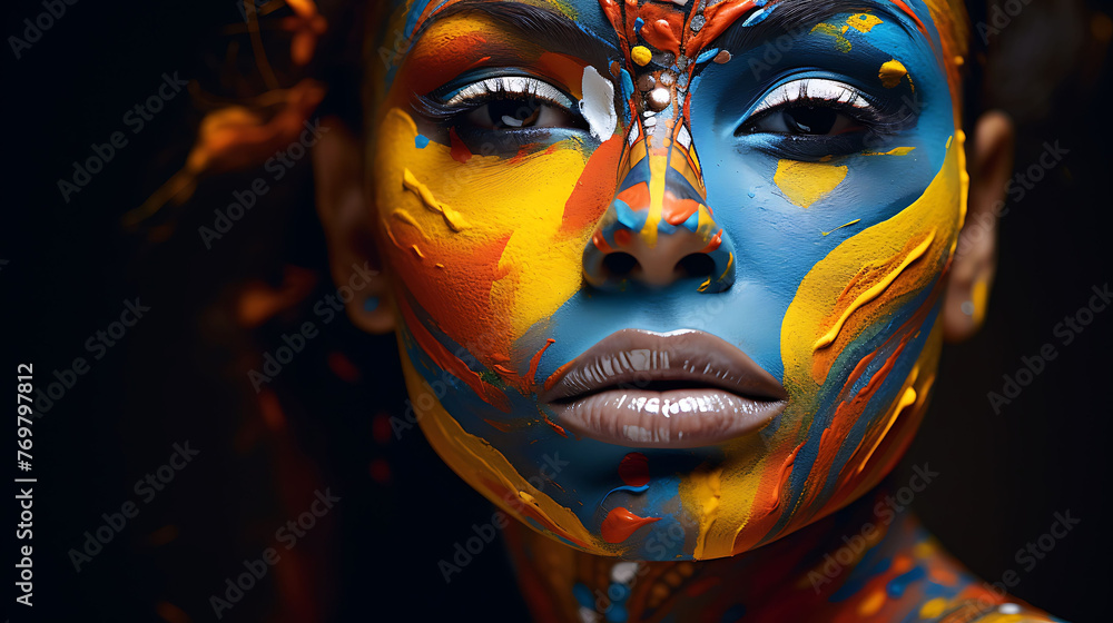 A captivating beauty shot of a model with vibrant and artistic face paint.